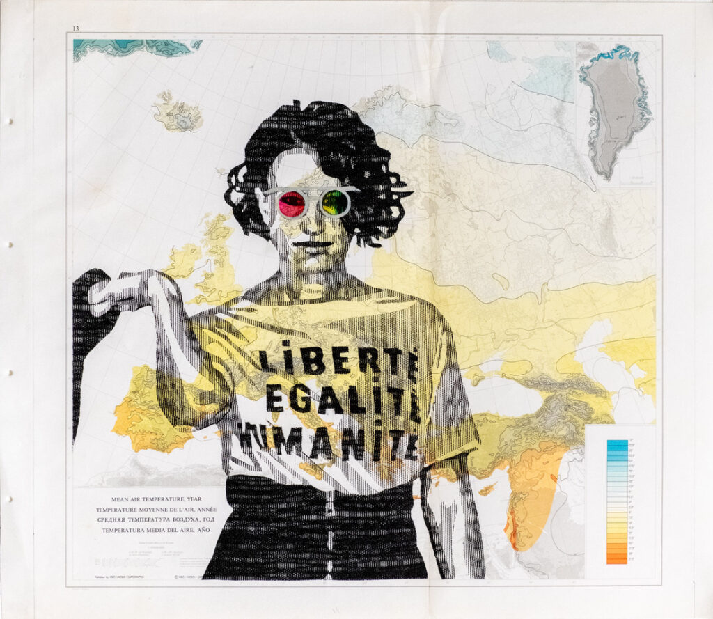 Csaba Fürjesi - Liberte, Egalite, Humanite, 2023, 65x60 cm Multitypie, Öl auf Papier, UnikatdruckMulltitypie, Öl auf Vintage Landkarte, Unikatdruck